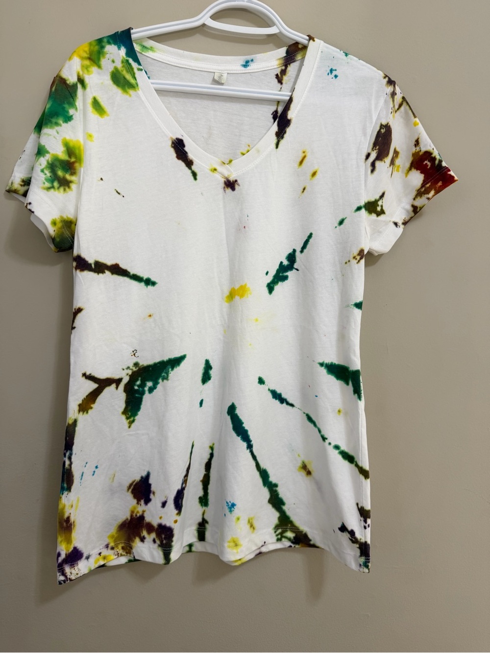 Tie-Dye V-Neck Short Sleeve Top - White with Green & Yellow